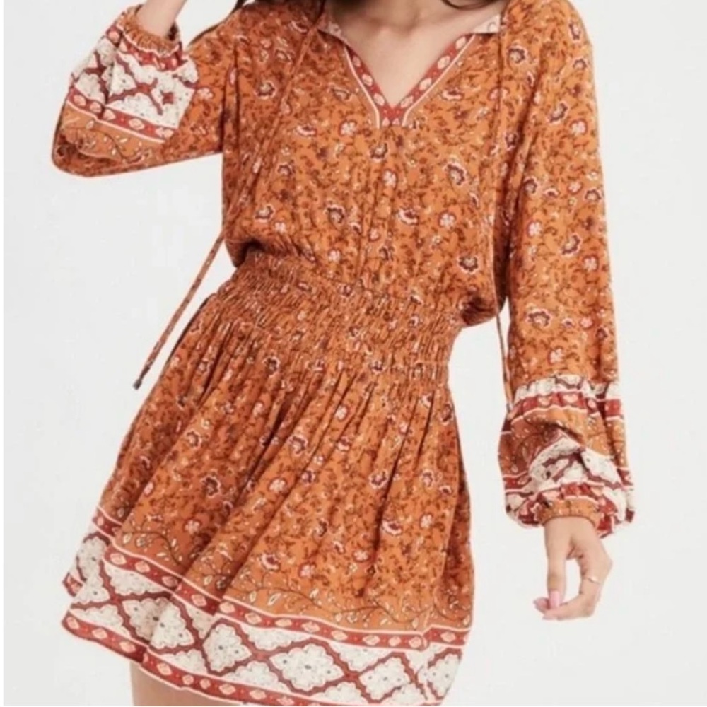 American Eagle Long Sleeve Orange Boho Floral Dress Women’s Small